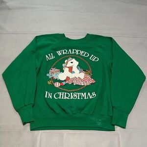 VTG 90 Green Polar Bear Christmas Ugly Xmas Office USA Sweater Sweatshirt L-3848